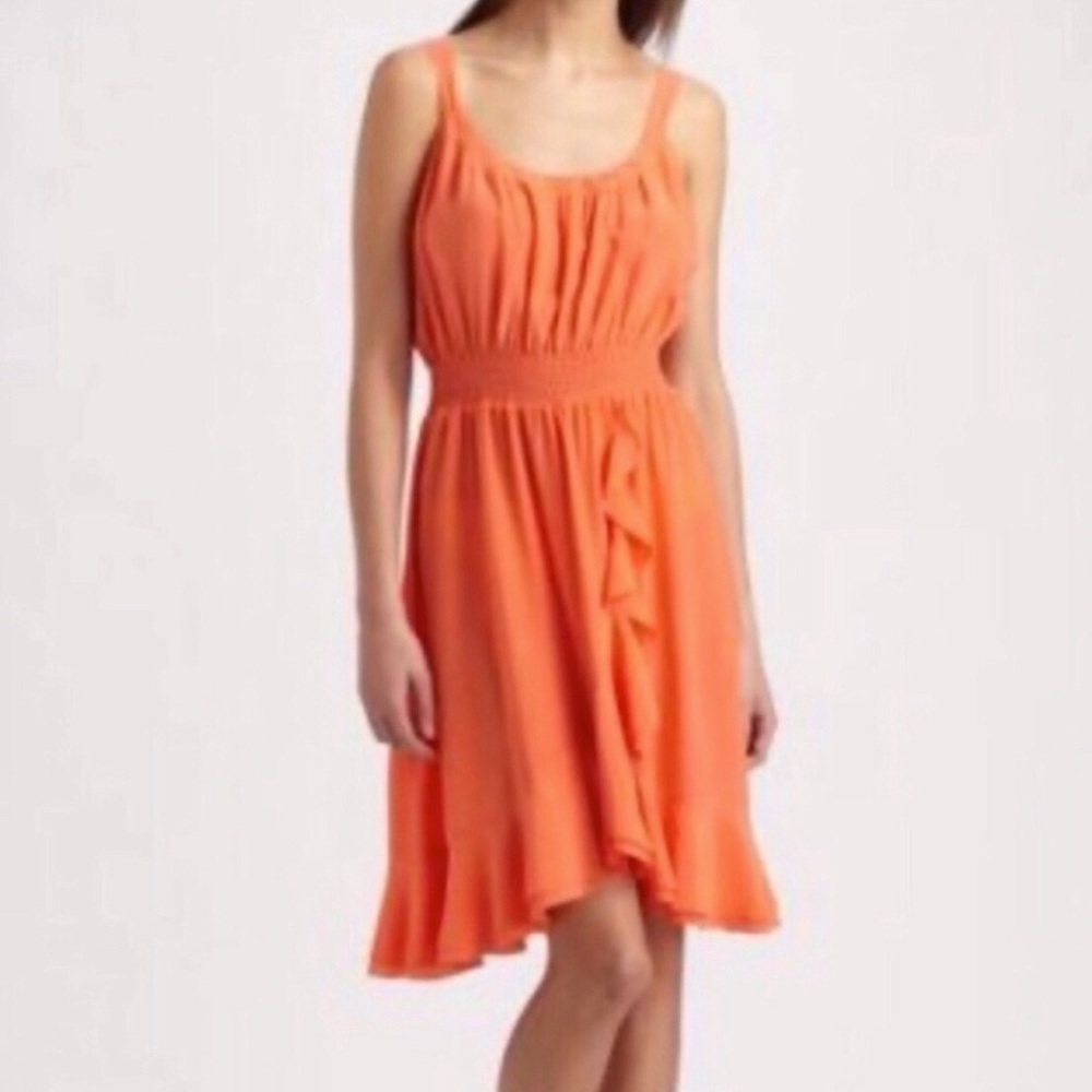 Rebecca Taylor Coral Sleeveless Silk Shirred Waist Sun Dress